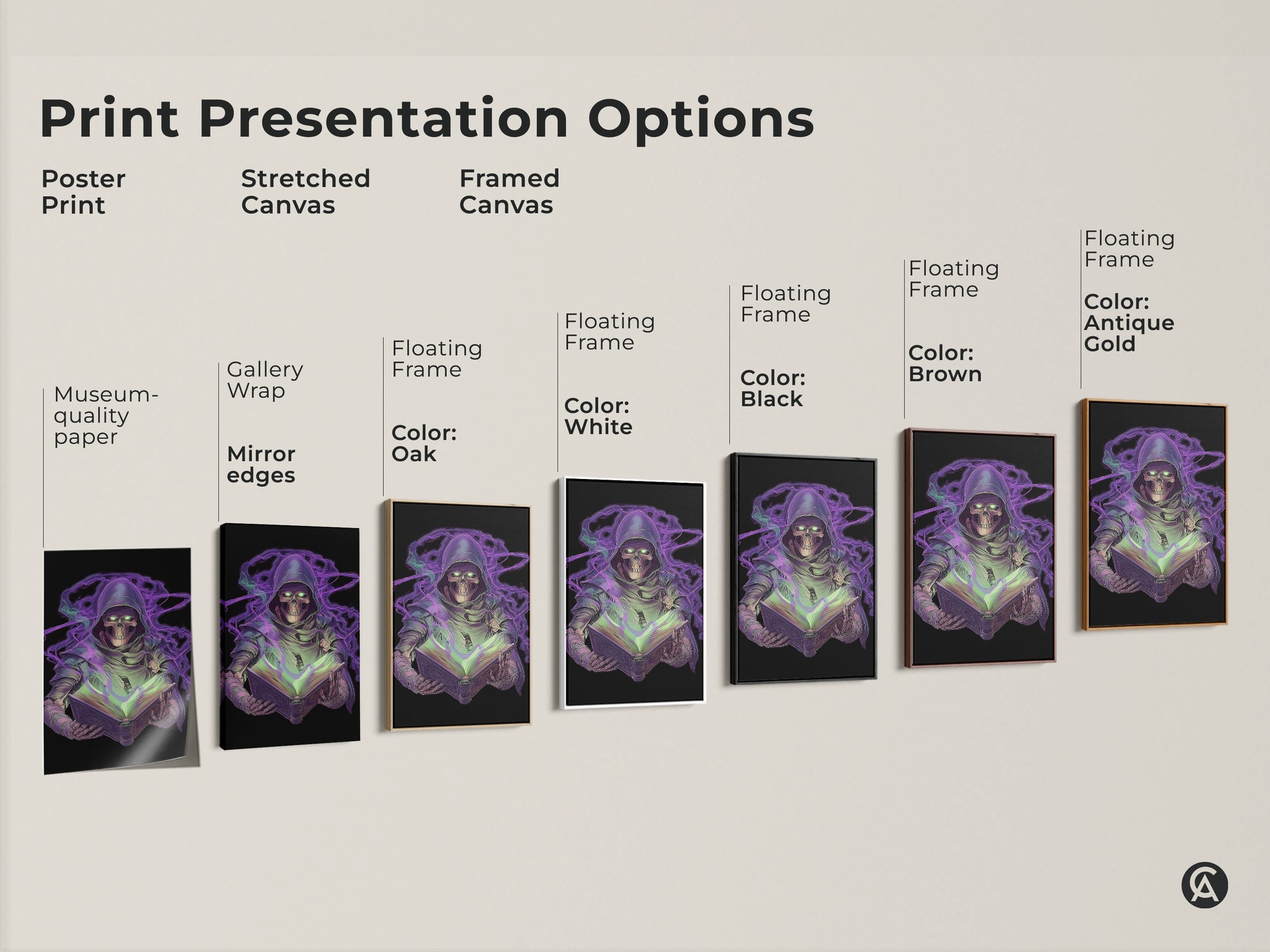 Print presentation options for neon purple Grim Reaper art. Choose from poster prints stretched canvas and framed canvas. Gothic skeleton and spellbook artwork. Select black white oak brown or antique gold frames. Dark fantasy wall art for any space