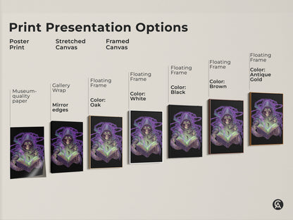 Print presentation options for neon purple Grim Reaper art. Choose from poster prints stretched canvas and framed canvas. Gothic skeleton and spellbook artwork. Select black white oak brown or antique gold frames. Dark fantasy wall art for any space