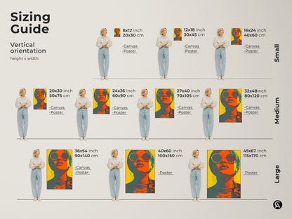 Sizing guide for vertical pop art woman artwork. Canvas and poster options are shown in small medium and large sizes. Sizes range from 8x12 to 45x67 inches. Retro portrait canvas featuring abstract sunglasses art. Orange teal and yellow decor for eclectic wall art. It is a great gift for retro lovers.