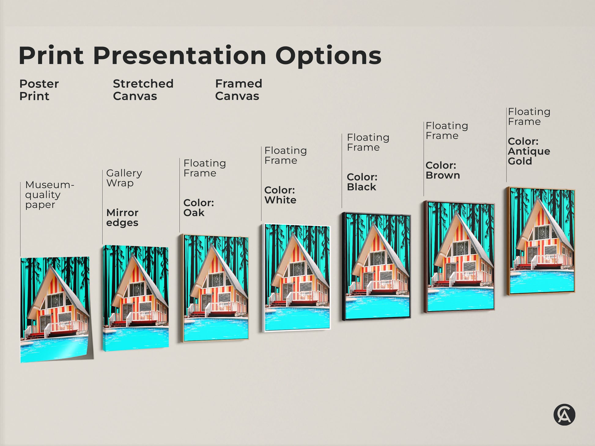 Explore print presentation options for retro A-frame cabin artwork. Choose from poster prints stretched canvases and framed canvases. Gallery wraps with mirror edges are available. Floating frame colors include black brown antique gold white and oak.