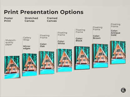 Explore print presentation options for retro A-frame cabin artwork. Choose from poster prints stretched canvases and framed canvases. Gallery wraps with mirror edges are available. Floating frame colors include black brown antique gold white and oak.