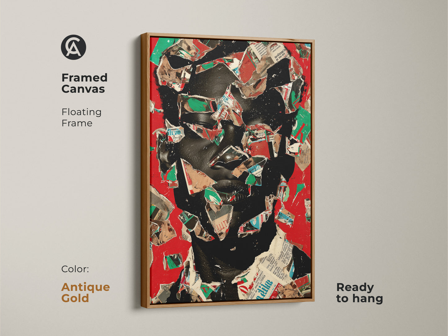 Framed canvas with a floating frame featuring an antique gold finish. Red and black abstract face artwork. Eclectic art enhances office and living spaces. Contemporary portrait art is a unique statement piece ready to hang.