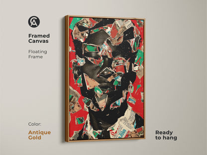 Framed canvas with a floating frame featuring an antique gold finish. Red and black abstract face artwork. Eclectic art enhances office and living spaces. Contemporary portrait art is a unique statement piece ready to hang.