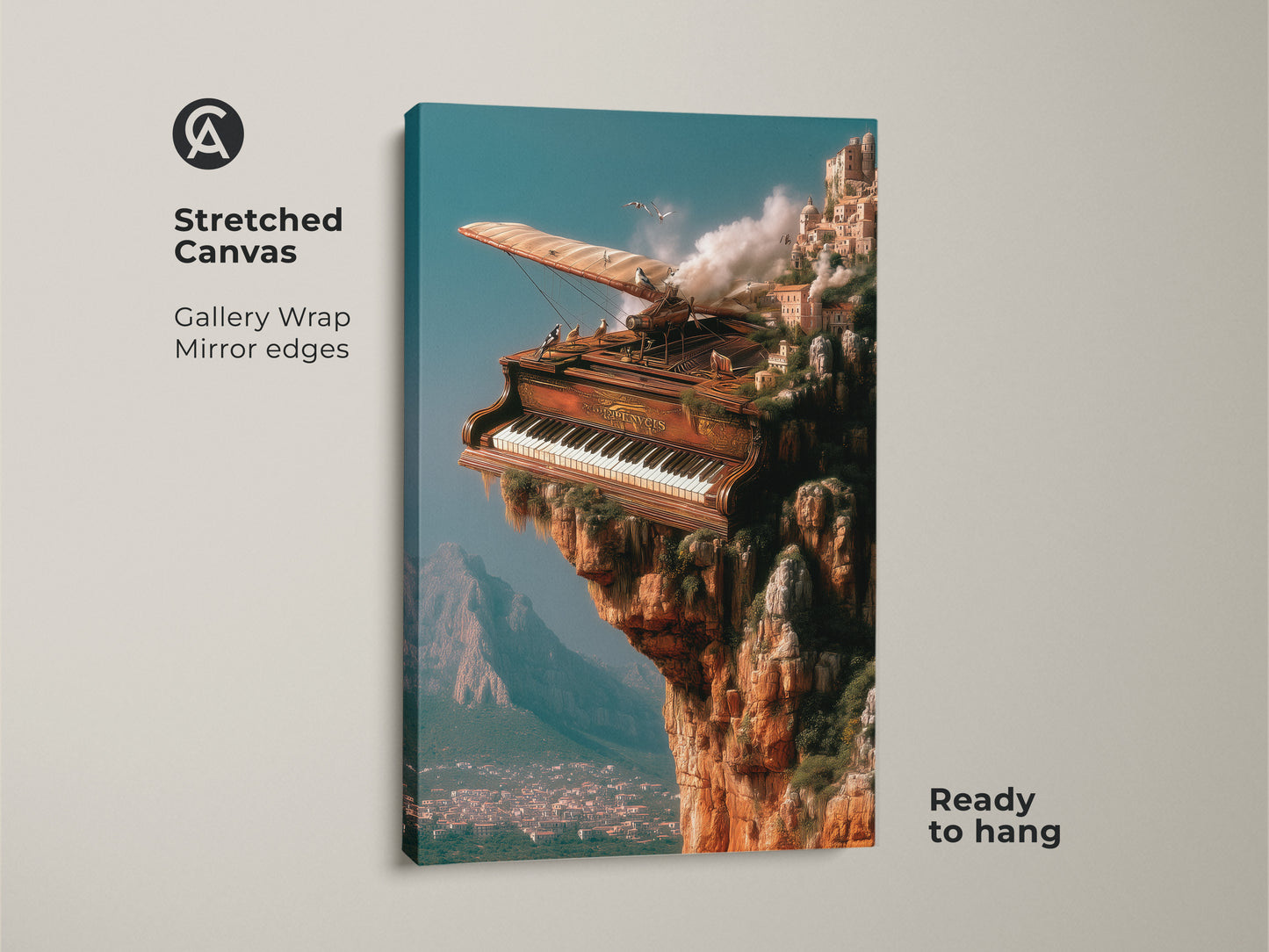 Stretched canvas print of a surreal grand piano. This piano cityscape wall art is ready to hang. It has a steampunk vibe with cliffside architectural elements. This unique musical artwork makes an eclectic statement in any studio or home decor.
