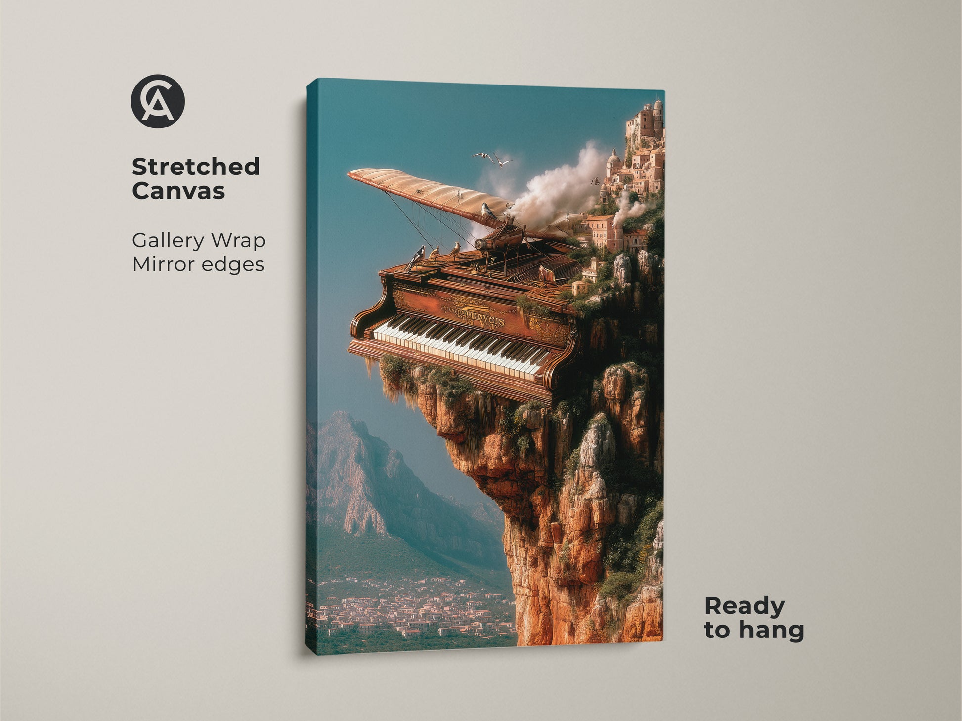 Stretched canvas print of a surreal grand piano. This piano cityscape wall art is ready to hang. It has a steampunk vibe with cliffside architectural elements. This unique musical artwork makes an eclectic statement in any studio or home decor.