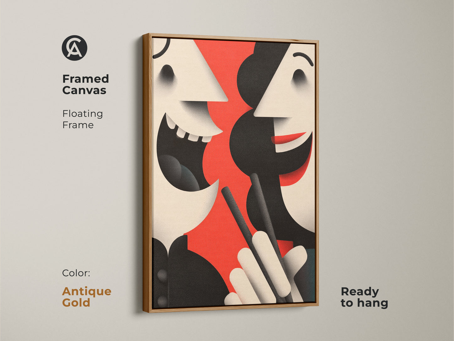 Abstract face canvas in an antique gold floating frame. This modern figurative artwork is ready to hang. Red black and beige tones enhance the contemporary style of this canvas print.