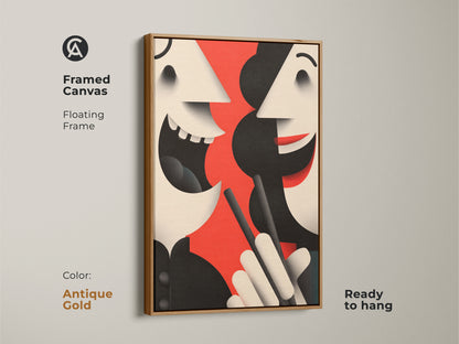 Abstract face canvas in an antique gold floating frame. This modern figurative artwork is ready to hang. Red black and beige tones enhance the contemporary style of this canvas print.