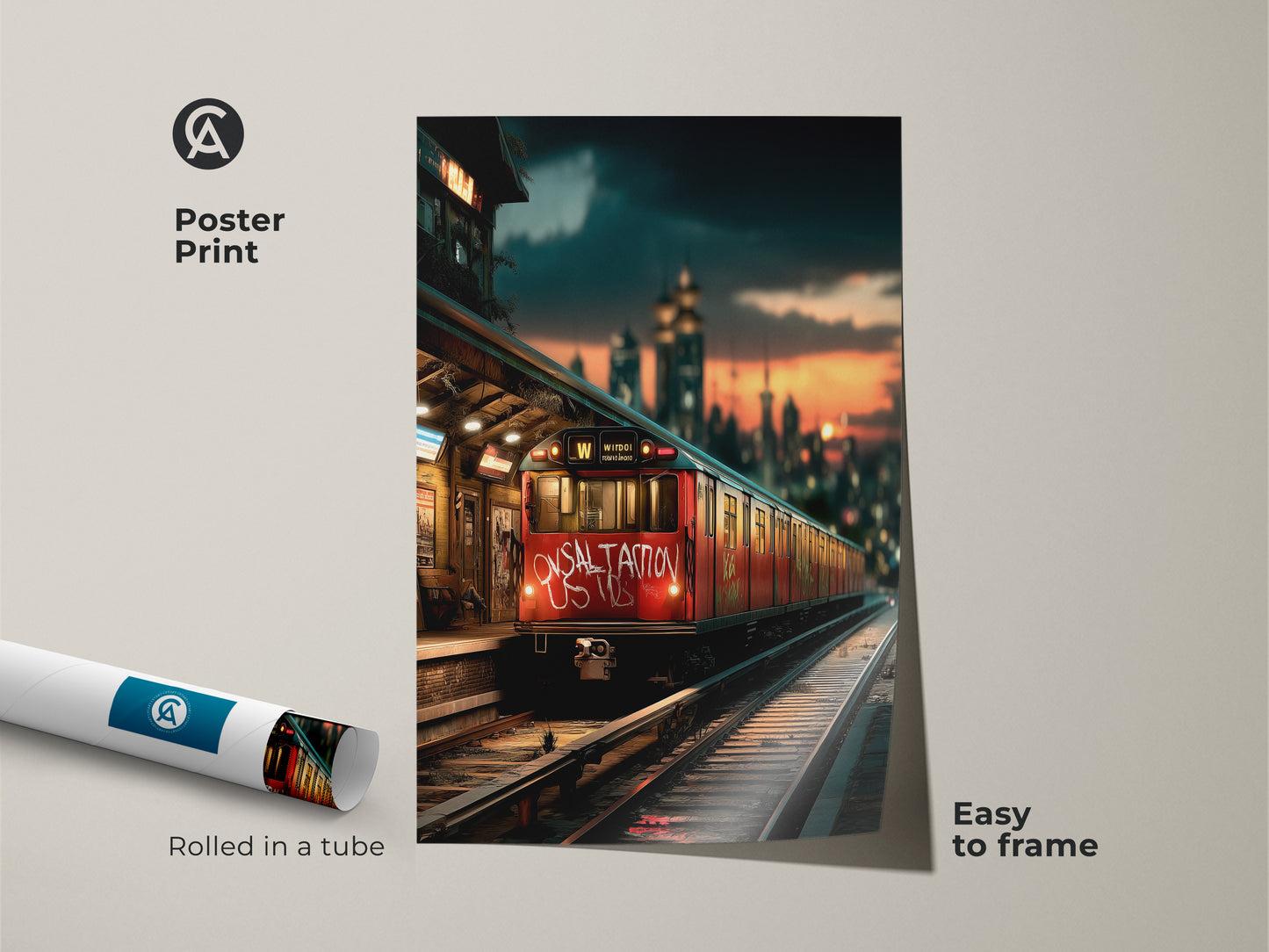 Graffiti subway artwork poster print. This urban industrial train station decor art is rolled in a tube and easy to frame. The poster print captures a red subway train at a station. This metro station art is a unique wall art gift.
