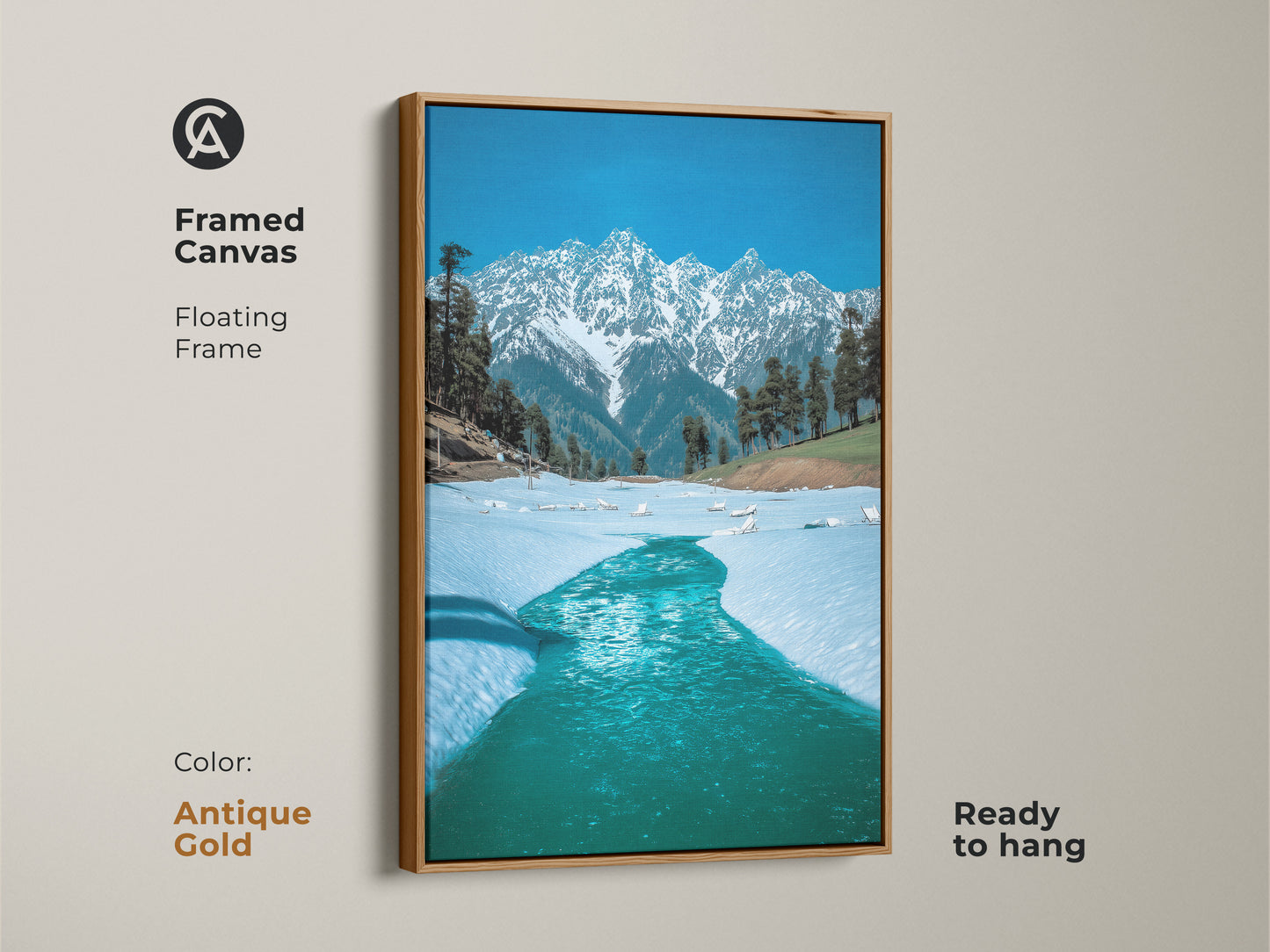 Framed canvas featuring a captivating snowy mountain artwork with an antique gold floating frame. Enhance your home with this ready-to-hang realistic winter scene. The blue nature photography is ideal for adding a touch of elegance to your walls.
