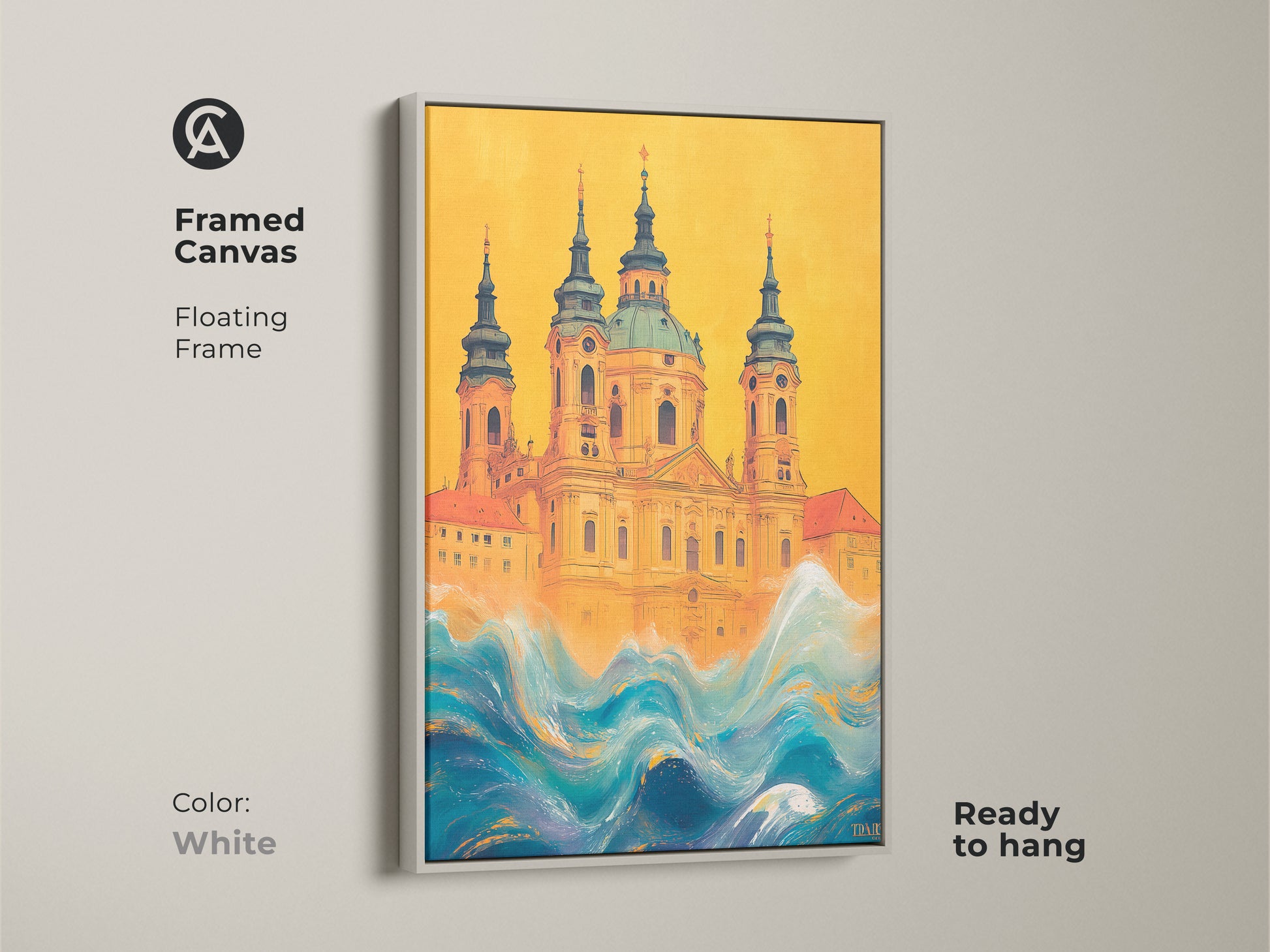 Framed canvas print of a surreal church artwork. The white floating frame enhances its appeal. The yellow and blue waves canvas showcases eclectic building art. Ready to hang this piece serves as unique travel gift. Enhance any room with this artistic building print.