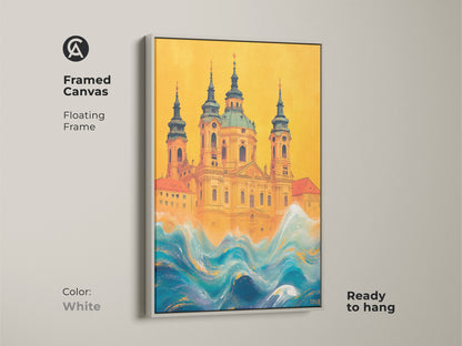 Framed canvas print of a surreal church artwork. The white floating frame enhances its appeal. The yellow and blue waves canvas showcases eclectic building art. Ready to hang this piece serves as unique travel gift. Enhance any room with this artistic building print.