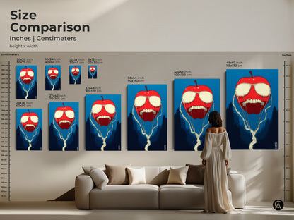 Size comparison of surreal apple artwork in inches and centimeters. Artwork is displayed in various sizes above a sofa. A woman stands to the right of the largest artwork for scale.