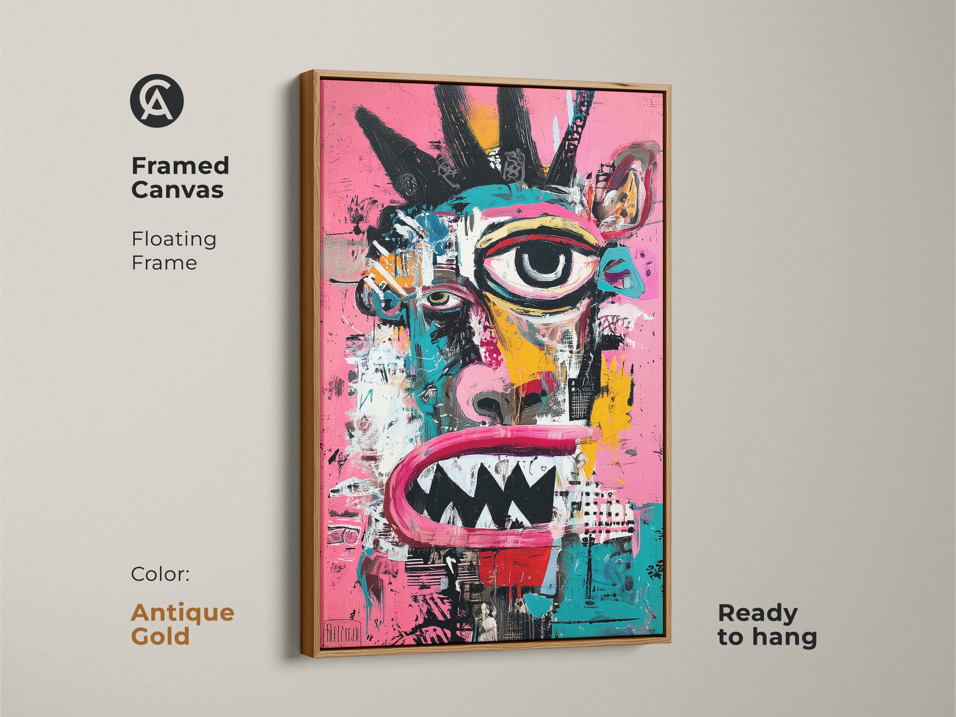 This framed canvas showcases an abstract face artwork. The floating frame is antique gold. It is ready to hang. The contemporary art print adds a touch of punk rock. Perfect for modern art collectors. The vibrant colors and bold strokes are eye-catching.
