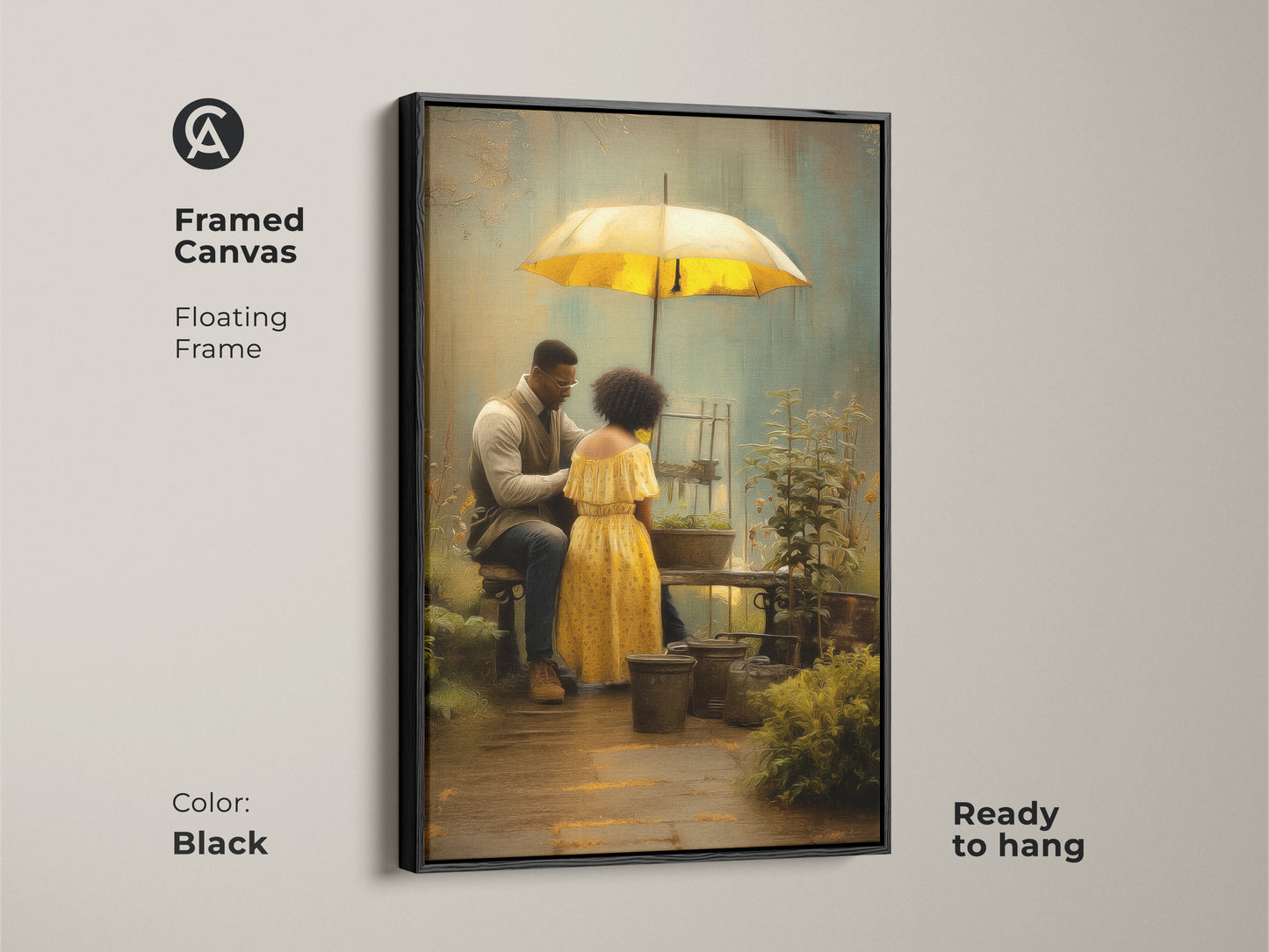 Framed canvas art with a black floating frame featuring a romantic couple gardening under a yellow umbrella. The ready to hang boho style art is a brown green nature scene. This makes a unique anniversary gift for couples. Textured wall decor brings a personal touch to any residential space.