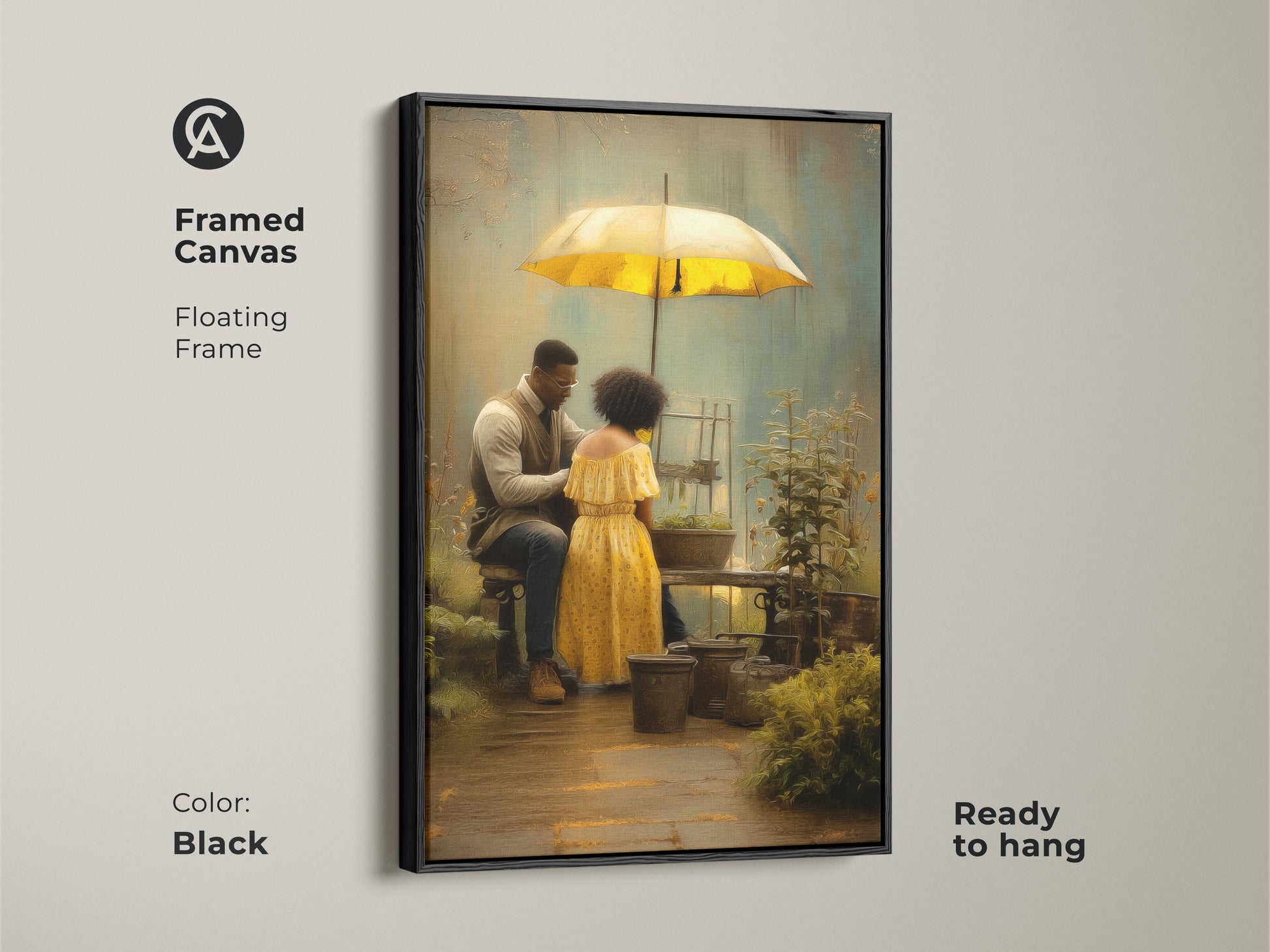Framed canvas art with a black floating frame featuring a romantic couple gardening under a yellow umbrella. The ready to hang boho style art is a brown green nature scene. This makes a unique anniversary gift for couples. Textured wall decor brings a personal touch to any residential space.