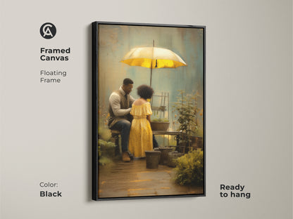 Framed canvas art with a black floating frame featuring a romantic couple gardening under a yellow umbrella. The ready to hang boho style art is a brown green nature scene. This makes a unique anniversary gift for couples. Textured wall decor brings a personal touch to any residential space.