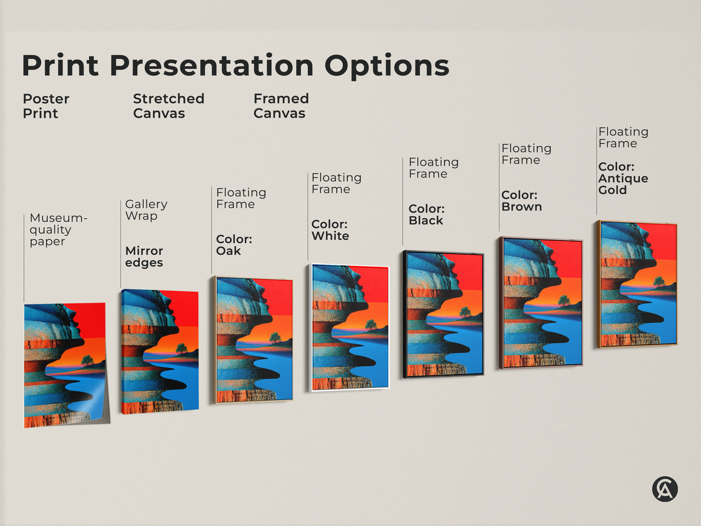 Explore various art print options. From poster prints to stretched and framed canvases. Each presents a unique way to display this blue orange abstract profile art. Find the perfect style to complement your space and taste with our eclectic home decor.