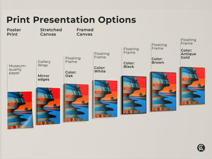 Explore various art print options. From poster prints to stretched and framed canvases. Each presents a unique way to display this blue orange abstract profile art. Find the perfect style to complement your space and taste with our eclectic home decor.