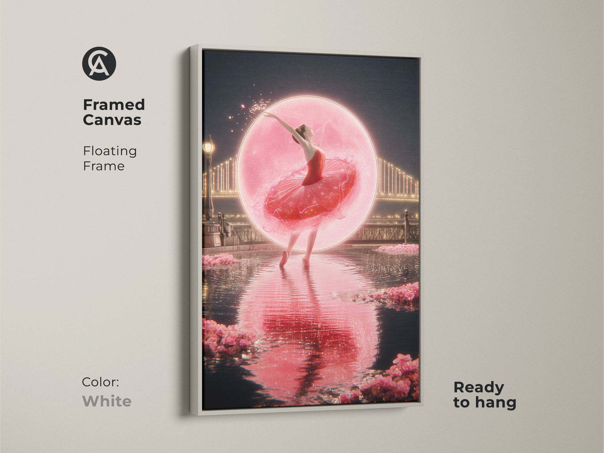 White framed canvas featuring a fantasy ballet dancer print. This romantic cityscape wall art is ready to hang. Pink ballerina canvas art adds dreamy bedroom decor. Contemporary dance art as a fine art canvas print. A magical ballerina poster.