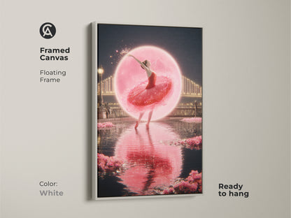 White framed canvas featuring a fantasy ballet dancer print. This romantic cityscape wall art is ready to hang. Pink ballerina canvas art adds dreamy bedroom decor. Contemporary dance art as a fine art canvas print. A magical ballerina poster.
