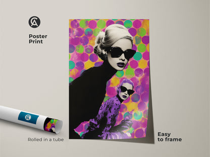 Poster print of a magenta pop art poster. The artwork features a woman in sunglasses against a backdrop of purple and green circles. This vintage fashion print is easy to frame and adds a colorful retro touch.