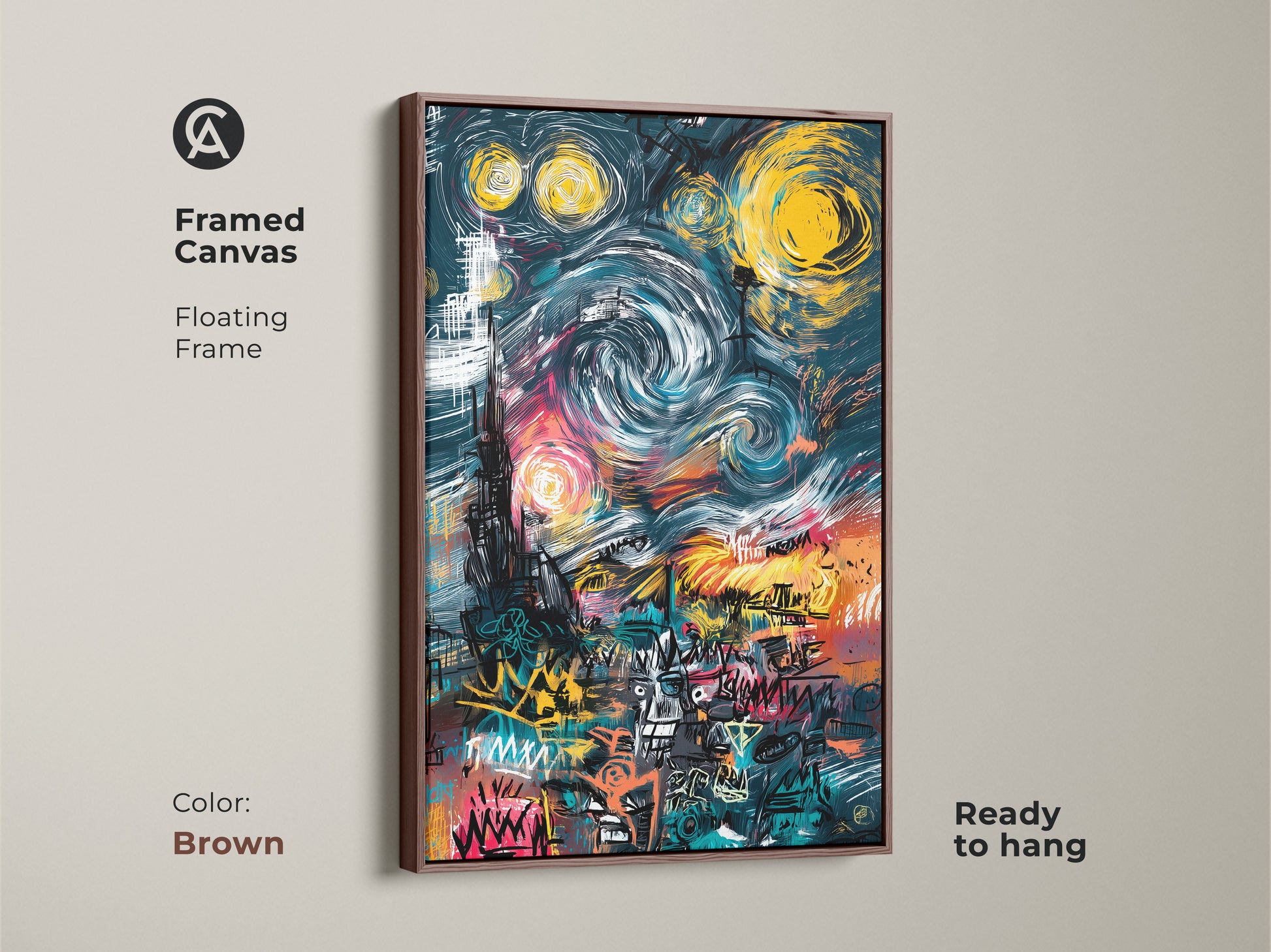 Brown Framed Canvas Graffiti Style Starry Night Artwork. The floating frame gives a modern look and is ready to hang. This artwork is a unique addition to your wall decor. Its colorful and vibrant adding an artful touch.