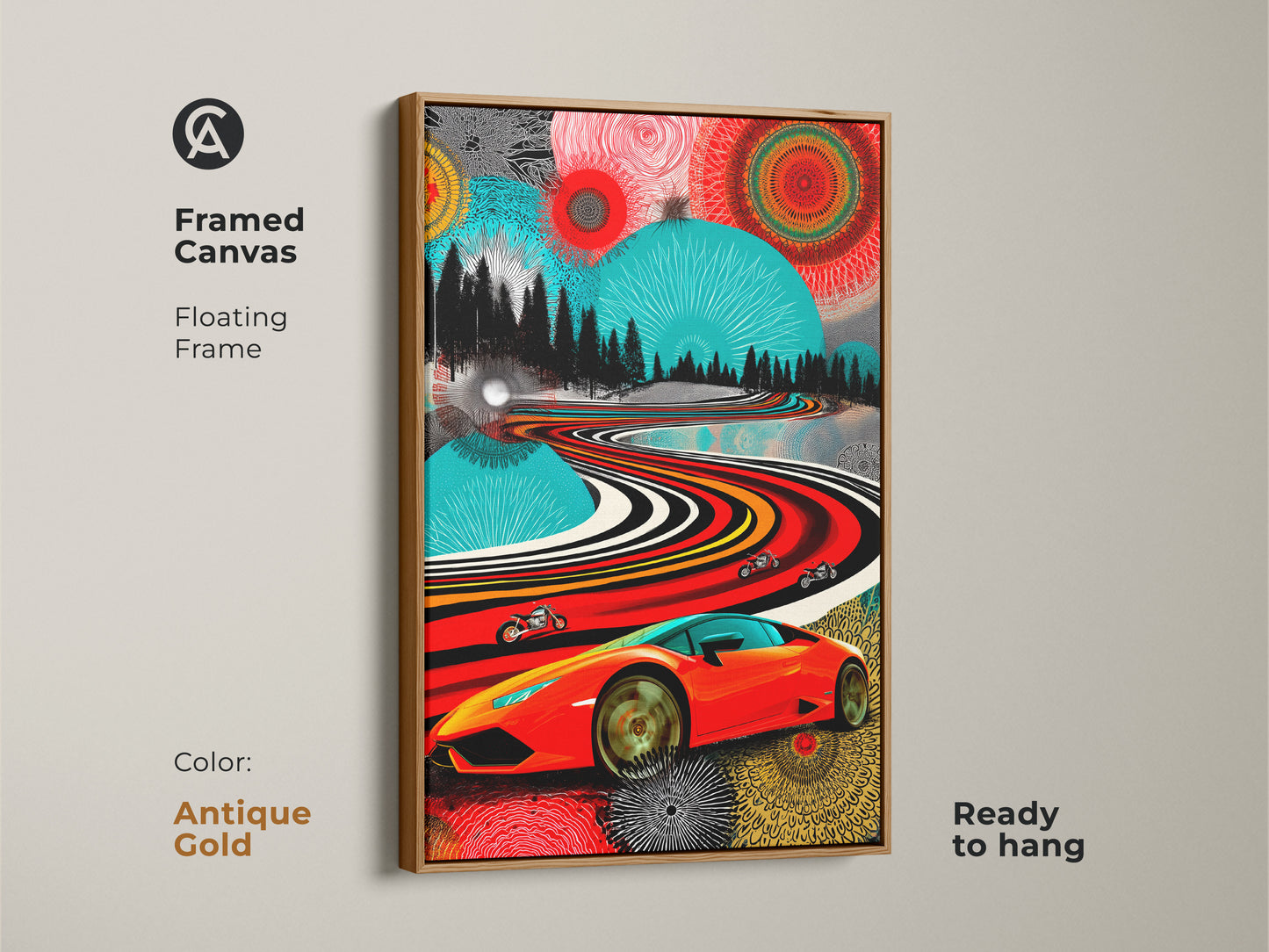 Framed canvas with an antique gold floating frame. Features a Pop Art abstract landscape. A red sports car and motorcycles on a winding road. Makes a great car enthusiast gift. This unique wall hanging adds style. Modern art print.