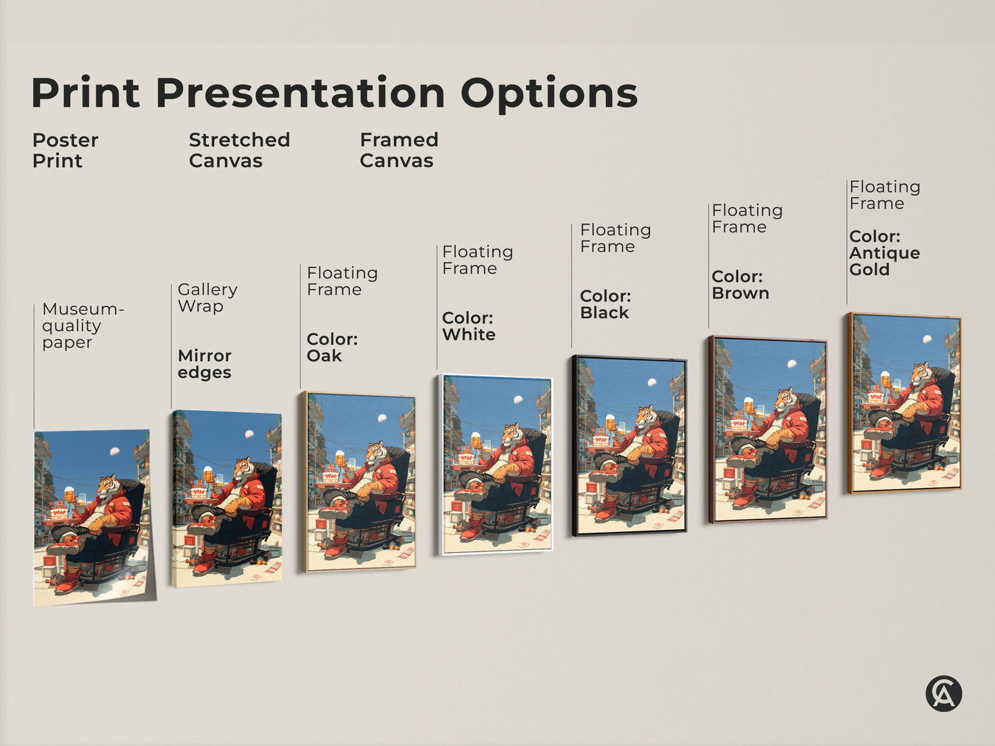 Print presentation options for tiger beer art. See poster stretched and framed canvas examples. Floating frame colors include black brown antique gold and white. Museum-quality paper.