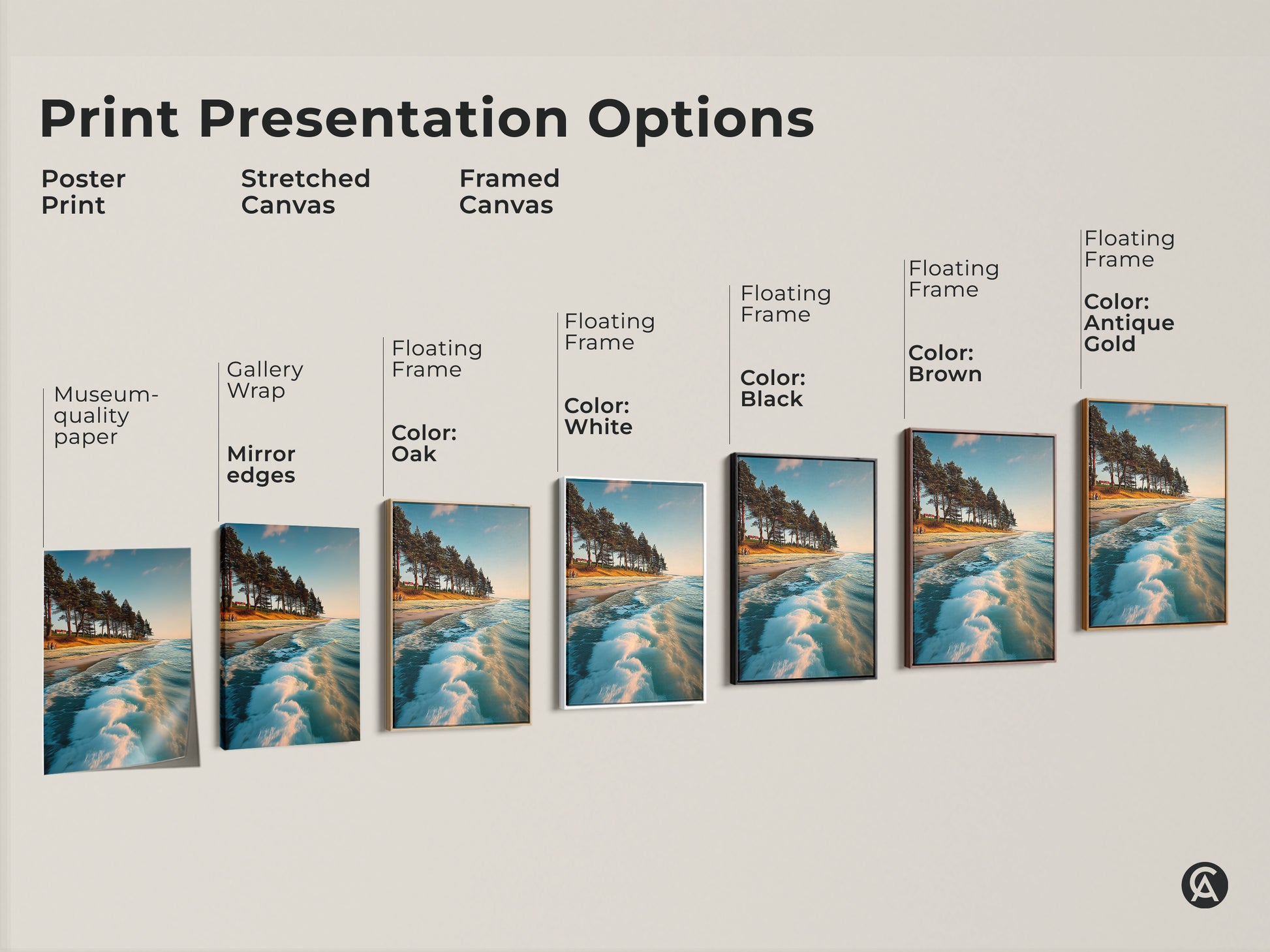 Explore print presentation options: poster prints stretched canvas & framed canvas. Choose museum quality paper with gallery wrap or floating frames in oak white black brown or antique gold. Find the perfect coastal landscape wall art to suit your style.