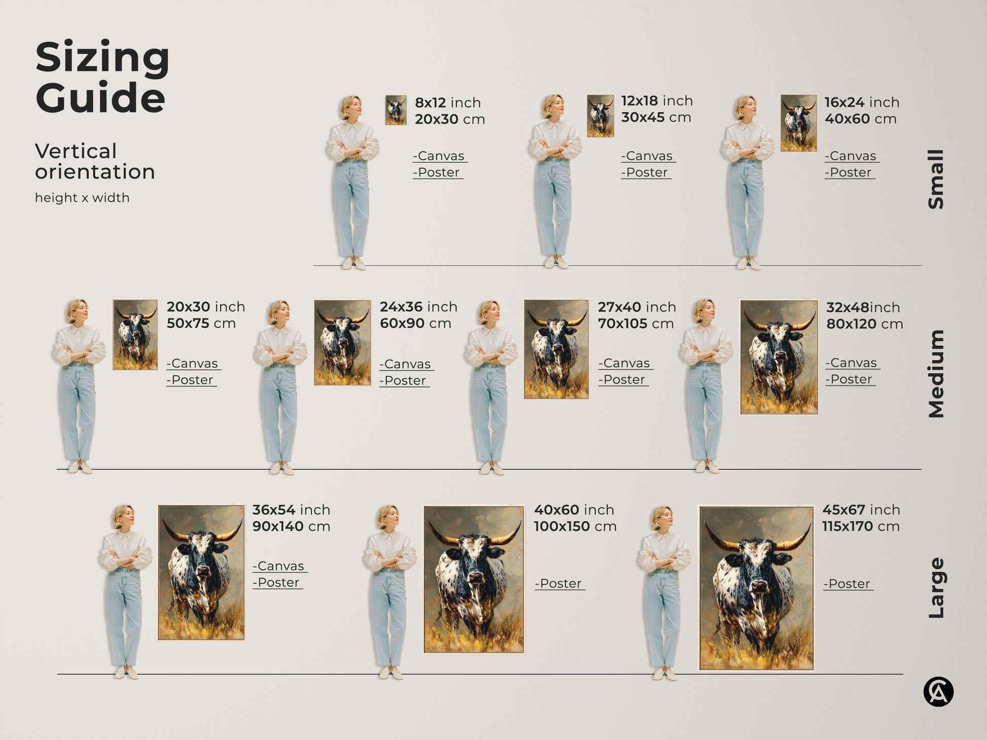 Sizing guide for Longhorn Bull artwork. See the vertical orientation and height x width dimensions. Available in canvas and poster options. The black and white animal artwork suits any room. Perfect for rustic western decor. Ideal for farmhouse homes. Find the perfect size for your space. Add a cowboy touch to your walls.