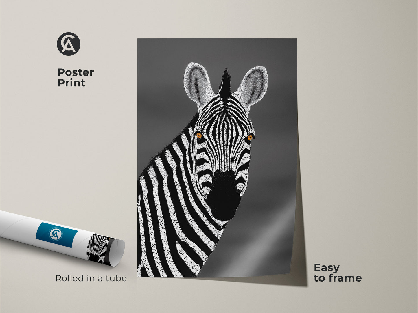A poster print featuring a monochrome zebra artwork is rolled in a tube. The minimalist dot art makes framing easy. This animal portrait canvas captures the African wildlife theme. Perfect neutral nursery wall art.