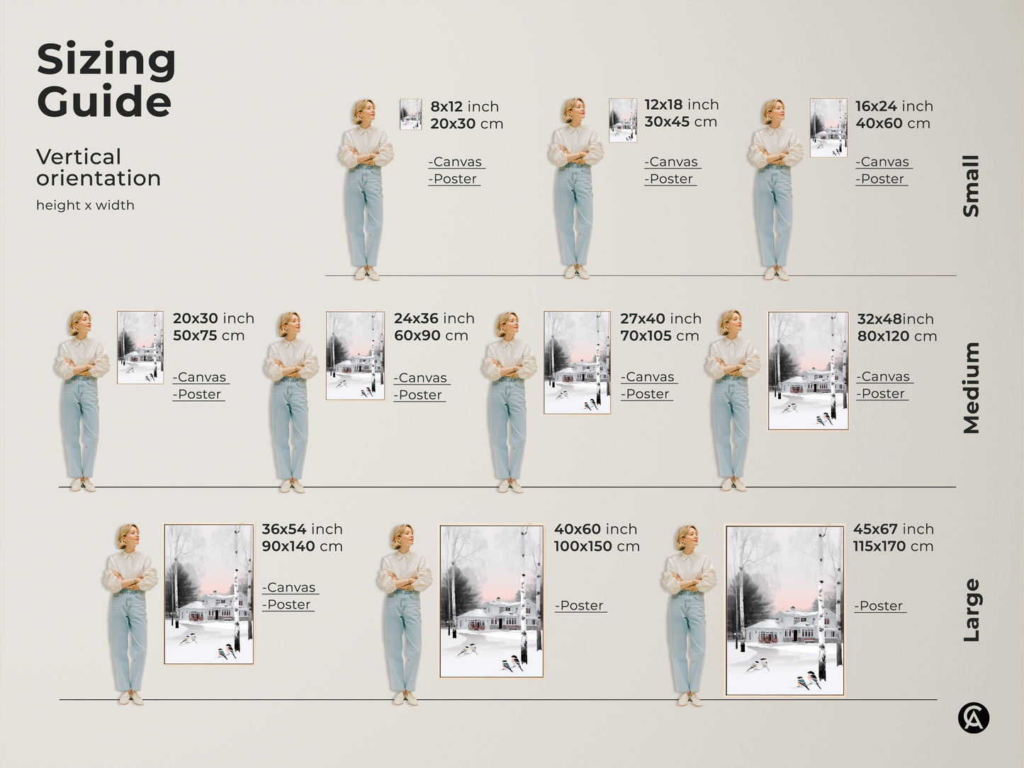 Sizing guide for vertical winter artwork. See how the farmhouse art fits various wall spaces. Visual representation of small medium and large sizes in canvas or poster format. Sizes include 8x12 to 45x67 inches for your wall decor needs.