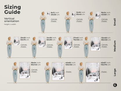 Sizing guide for vertical winter artwork. See how the farmhouse art fits various wall spaces. Visual representation of small medium and large sizes in canvas or poster format. Sizes include 8x12 to 45x67 inches for your wall decor needs.