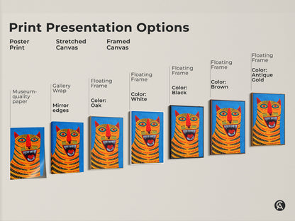 Print Presentation Options. This shows the Abstract Tiger Face Art on Poster Print Stretched Canvas and Framed Canvas. The frames are Floating Frame style and the colors are White Black Brown and Antique Gold. Ready to hang Museum-quality paper.