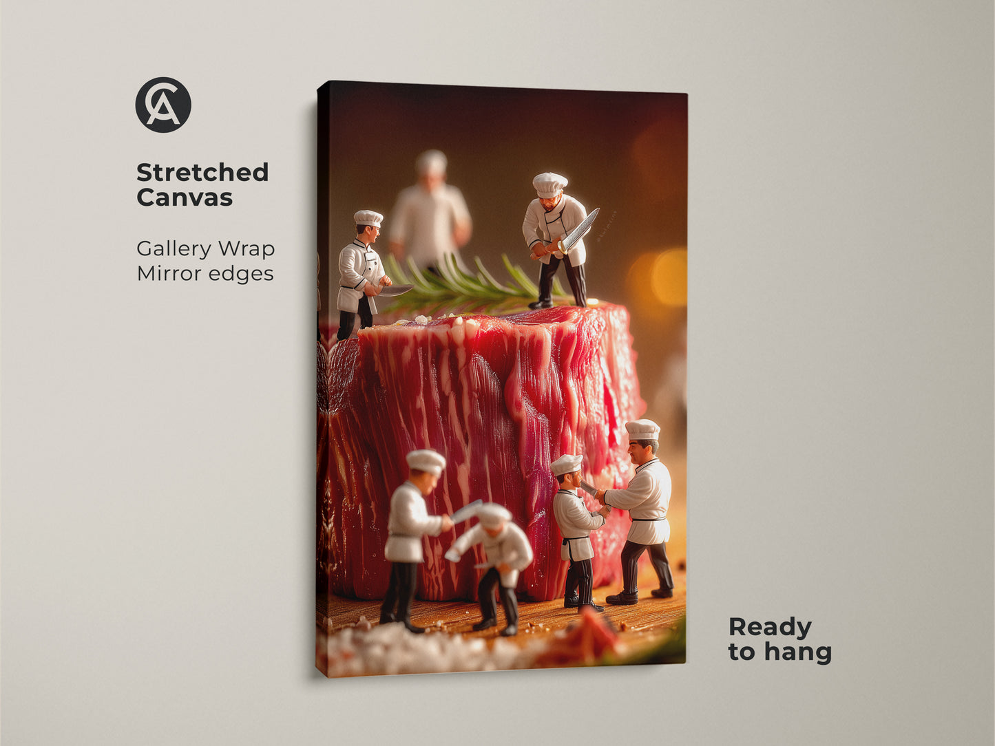 Stretched canvas art print showcasing tiny chefs meticulously working on a massive steak. This gallery-wrapped piece features mirror edges and is ready to hang. A perfect conversation starter for your home or office. It is a unique food-themed art.