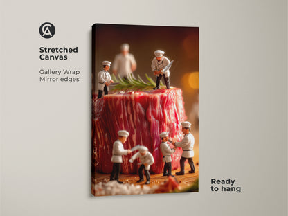 Stretched canvas art print showcasing tiny chefs meticulously working on a massive steak. This gallery-wrapped piece features mirror edges and is ready to hang. A perfect conversation starter for your home or office. It is a unique food-themed art.