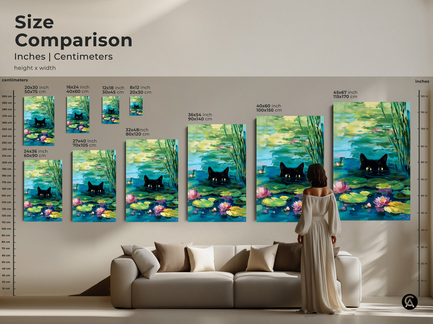 Size comparison of black cat pond art. See the artwork in various sizes in inches and centimeters. This cat and water lily art is perfect for any room. Find the ideal size for your space and style.