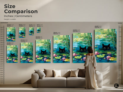 Size comparison of black cat pond art. See the artwork in various sizes in inches and centimeters. This cat and water lily art is perfect for any room. Find the ideal size for your space and style.