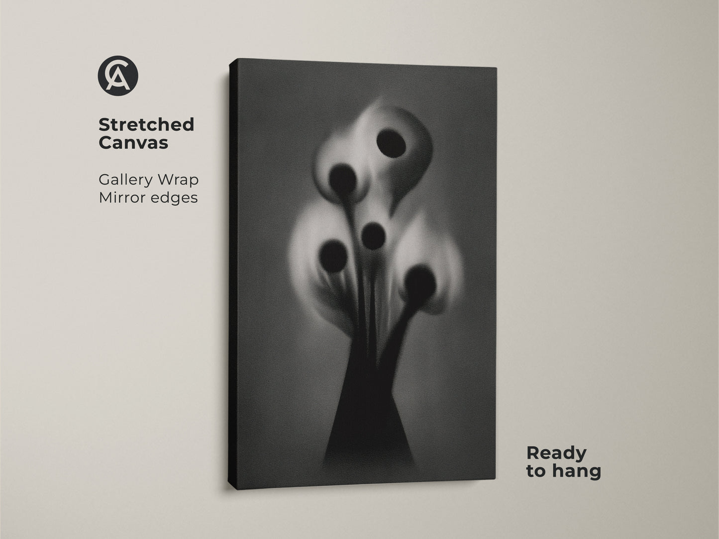 Stretched canvas print with a gothic flower motif in black and white. This surreal botanical artwork is ready to hang with mirror edges. Perfect dark academia wall art for a study room or office workspace. It offers an alternative artistic accent.