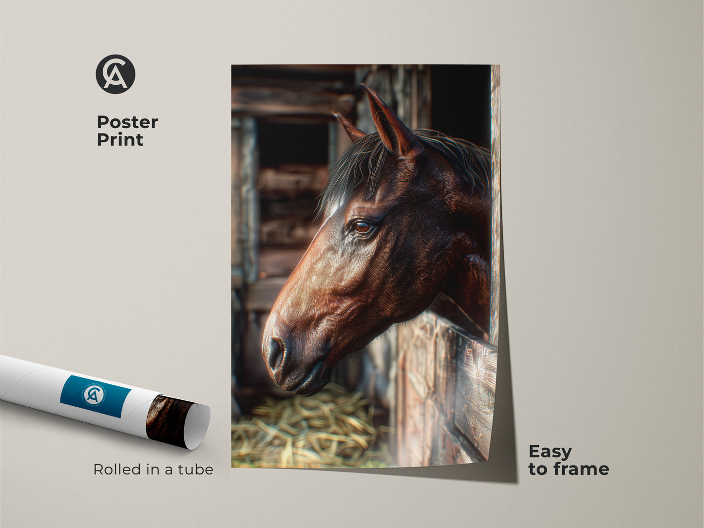 Poster print of a horse looking out from a wooden stable. This art print is rolled in a tube for easy framing. Perfect for horse lovers this poster brings a touch of the countryside indoors.