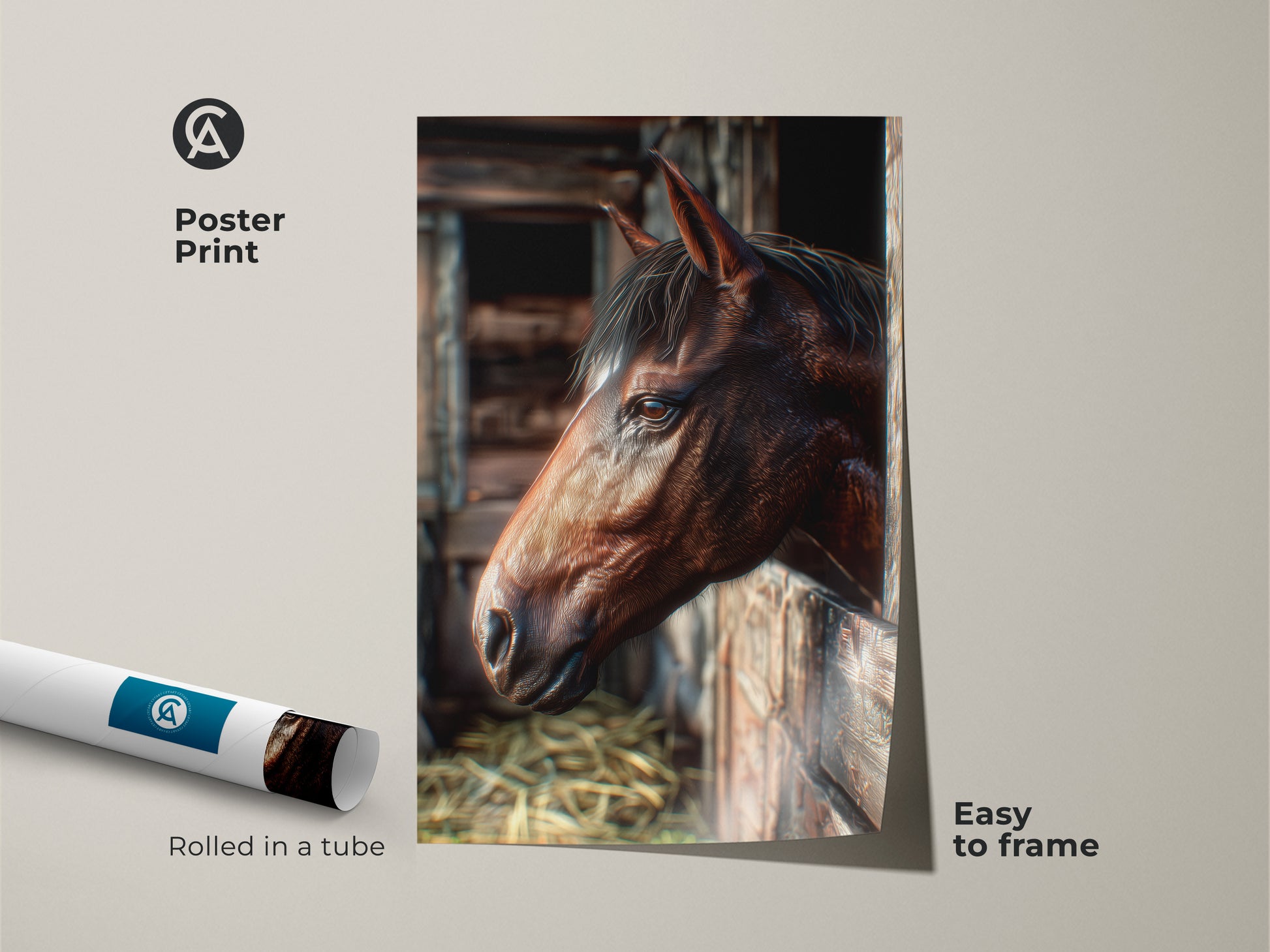 Poster print of a horse looking out from a wooden stable. This art print is rolled in a tube for easy framing. Perfect for horse lovers this poster brings a touch of the countryside indoors.