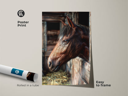 Poster print of a horse looking out from a wooden stable. This art print is rolled in a tube for easy framing. Perfect for horse lovers this poster brings a touch of the countryside indoors.