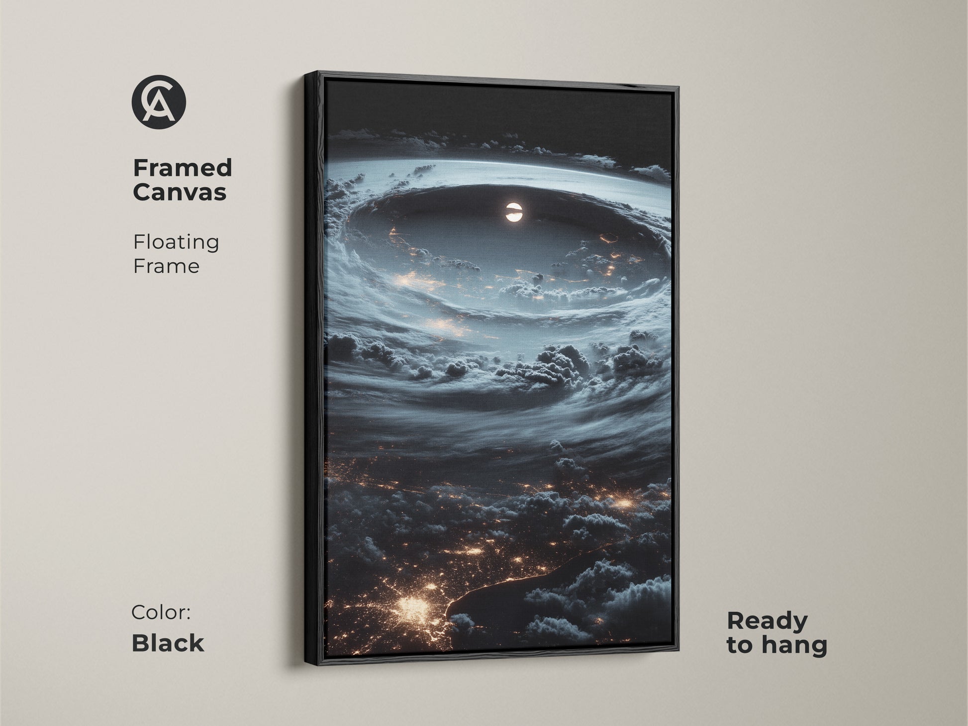 Framed canvas featuring a space hurricane. Black floating frame enhances the deep blue artwork. This contemporary piece is ready to hang. Perfect for modern home decor. The surreal storm art brings a dramatic touch. Ideal for astronomy enthusiasts and space lovers.