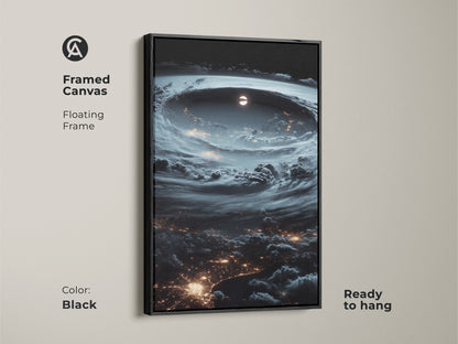 Framed canvas featuring a space hurricane. Black floating frame enhances the deep blue artwork. This contemporary piece is ready to hang. Perfect for modern home decor. The surreal storm art brings a dramatic touch. Ideal for astronomy enthusiasts and space lovers.