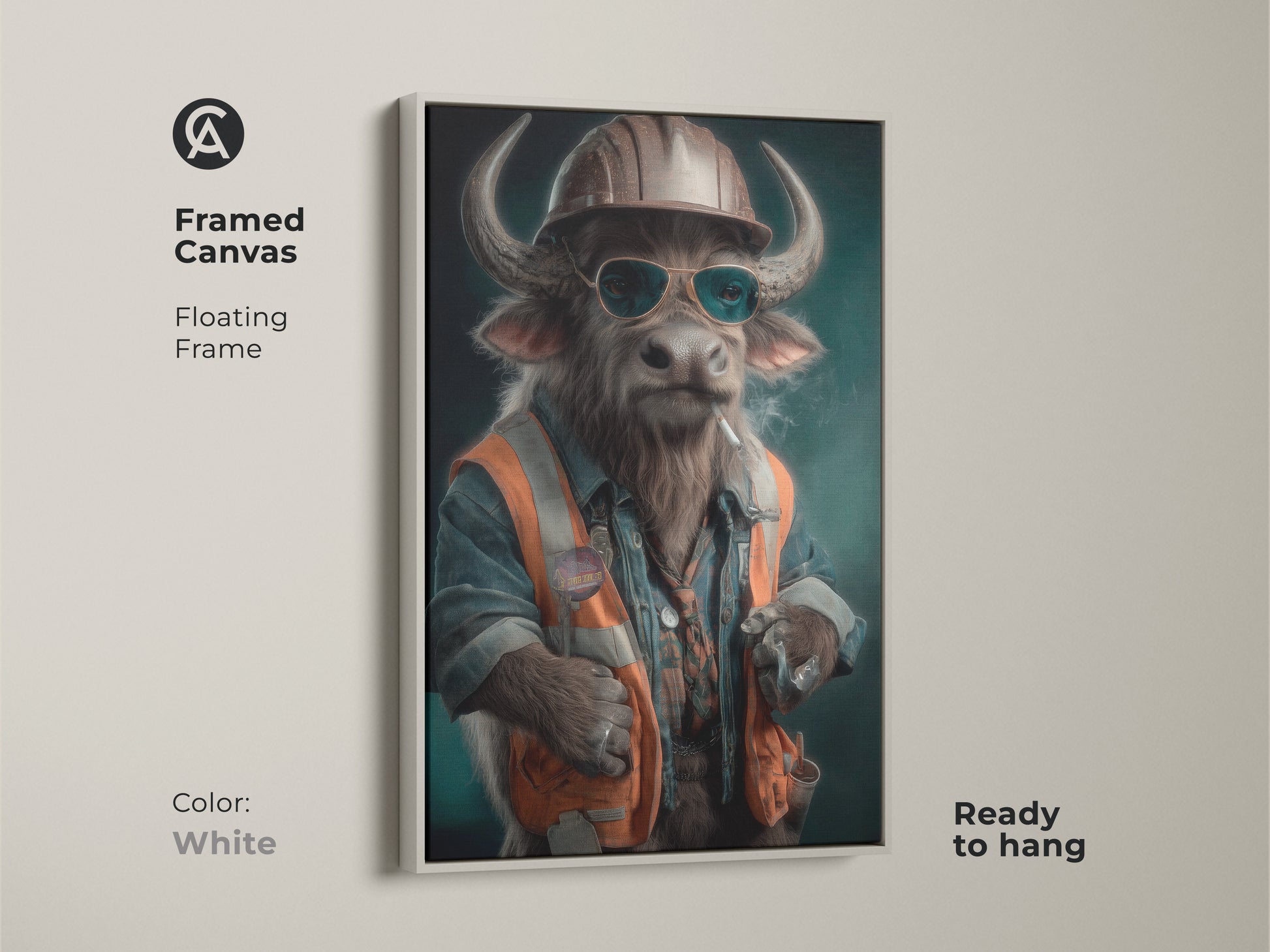 A framed canvas presents a surrealist buffalo construction worker. It features a floating frame in white and is ready to hang. This funny office wall art adds eclectic charm to any room. The artisan digital painting has teal orange brown accents. The animal-themed artwork will add workplace personality to any space.