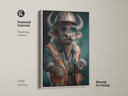 A framed canvas presents a surrealist buffalo construction worker. It features a floating frame in white and is ready to hang. This funny office wall art adds eclectic charm to any room. The artisan digital painting has teal orange brown accents. The animal-themed artwork will add workplace personality to any space.