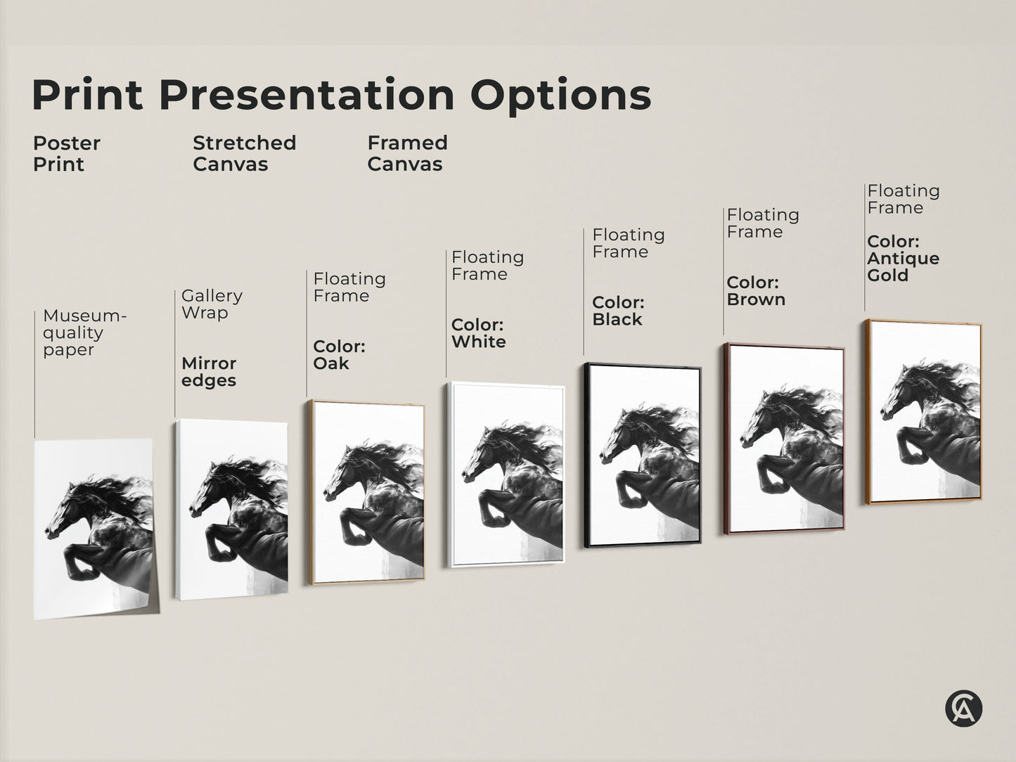 Explore print presentation options for monochrome horse art. Choose from poster prints stretched canvases or framed canvases. Black and white stallion artwork for contemporary animal decor. Find the perfect horse lover gift. Display modern wildlife art.