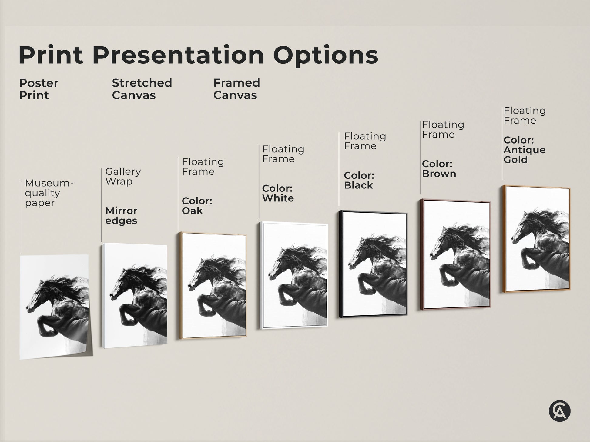 Explore print presentation options for monochrome horse art. Choose from poster prints stretched canvases or framed canvases. Black and white stallion artwork for contemporary animal decor. Find the perfect horse lover gift. Display modern wildlife art.