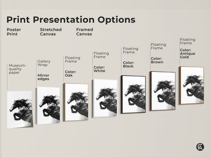 Explore print presentation options for monochrome horse art. Choose from poster prints stretched canvases or framed canvases. Black and white stallion artwork for contemporary animal decor. Find the perfect horse lover gift. Display modern wildlife art.