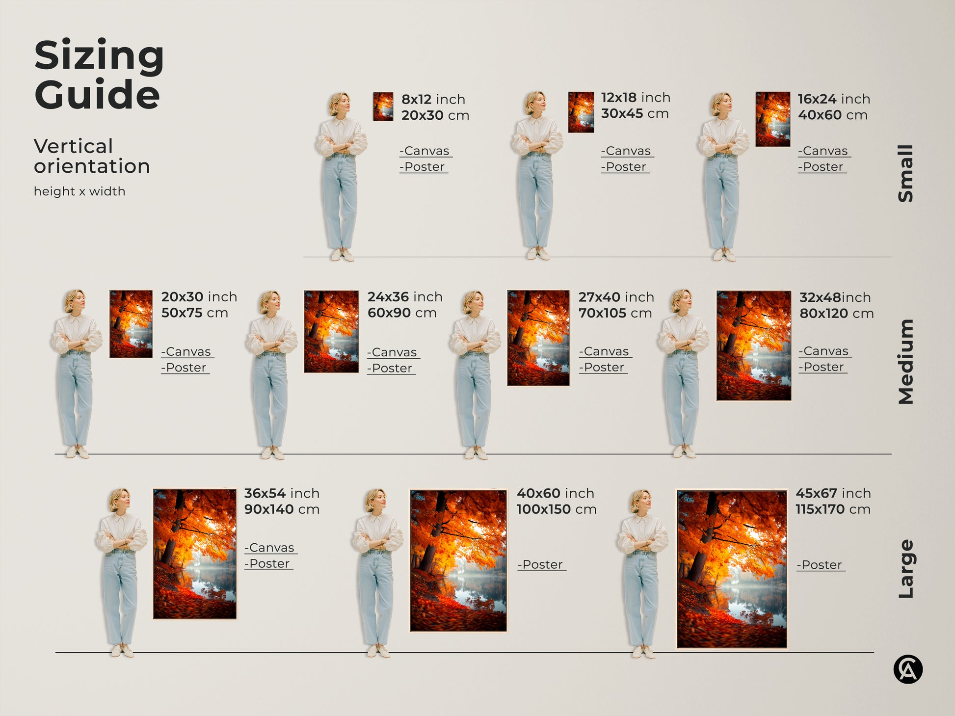 Sizing guide for vertical autumn lake artwork. Visualize canvas and poster sizes from small to large. Find the perfect fit for your space. Transform your walls with stunning autumn landscape prints in various dimensions.